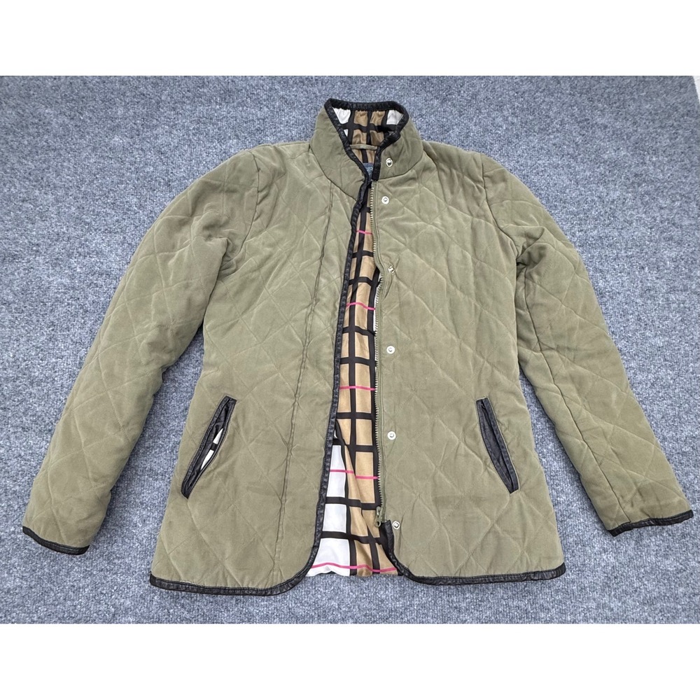 Hillard & Hanson Womens Quilted Jacket Olive Green Faux Leather Trim Small